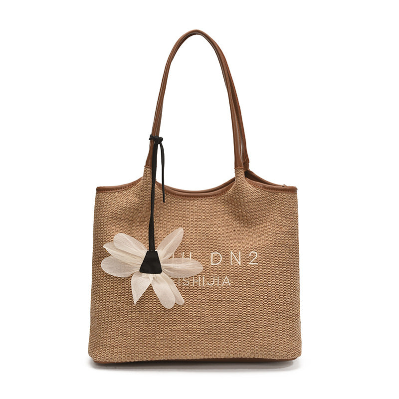 Spliced Large Capacity Straw Tote Bag. Beach Vacation Beach Woven Commuter Shoulder Bag