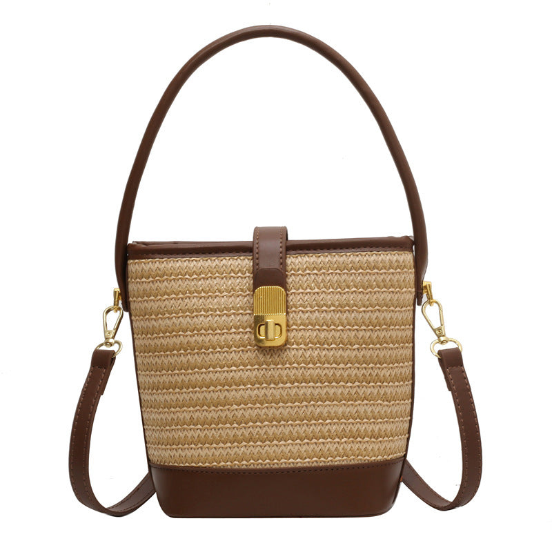 Fashion Handheld Woven Bag. High-Quality Textured Straw Bag, Single Shoulder Crossbody Bag, Casual Bucket Bag
