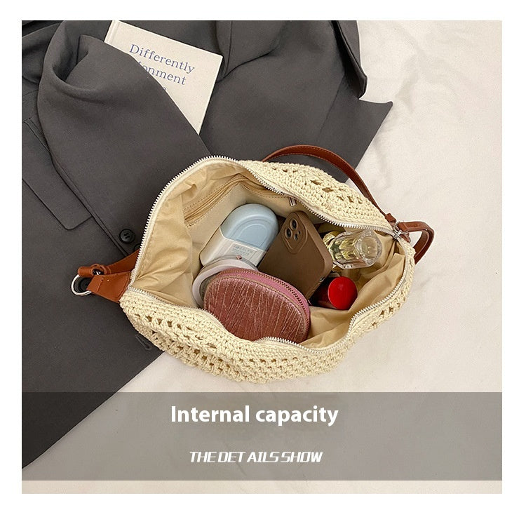 Large Capacity Cotton Thread Woven Underarm Bag Hollow Out Seaside Vacation Beach Travel Shoulder Bag