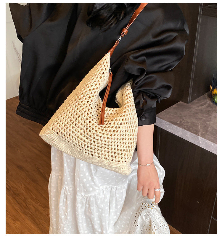 Large Capacity Cotton Thread Woven Underarm Bag Hollow Out Seaside Vacation Beach Travel Shoulder Bag