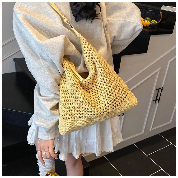 Large Capacity Cotton Thread Woven Underarm Bag Hollow Out Seaside Vacation Beach Travel Shoulder Bag