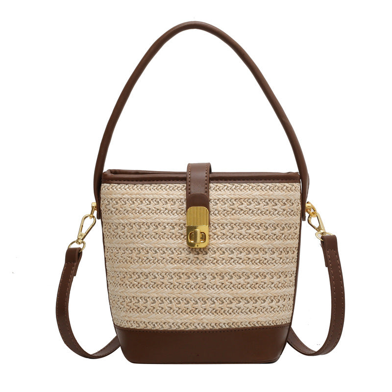 Fashion Handheld Woven Bag. High-Quality Textured Straw Bag, Single Shoulder Crossbody Bag, Casual Bucket Bag