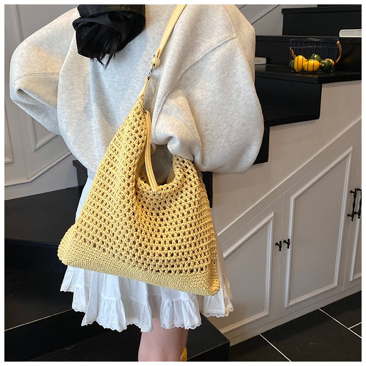 Large Capacity Cotton Thread Woven Underarm Bag Hollow Out Seaside Vacation Beach Travel Shoulder Bag