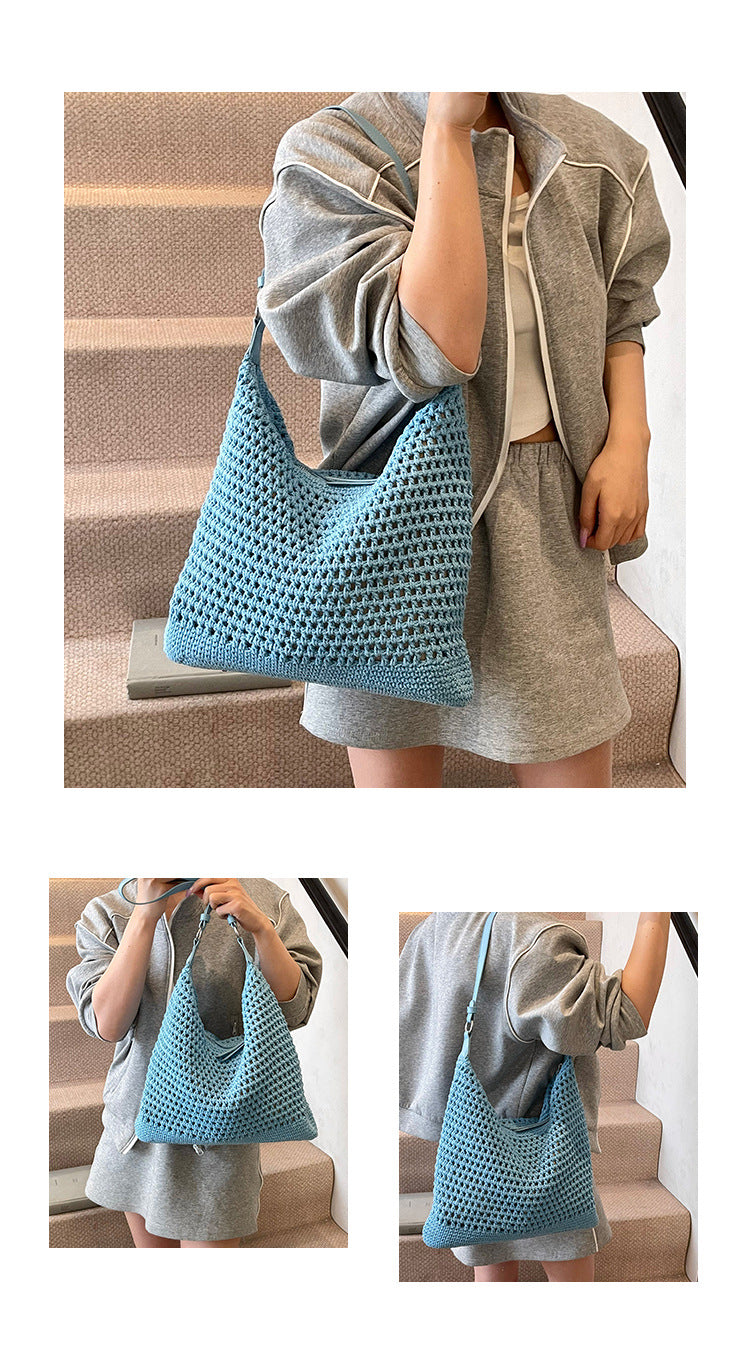 Large Capacity Cotton Thread Woven Underarm Bag Hollow Out Seaside Vacation Beach Travel Shoulder Bag