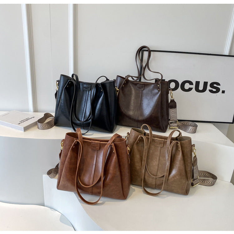 High-Quality Texture Solid Color Crossbody Bag Wide Strap Handbag Trendy Tote Bag