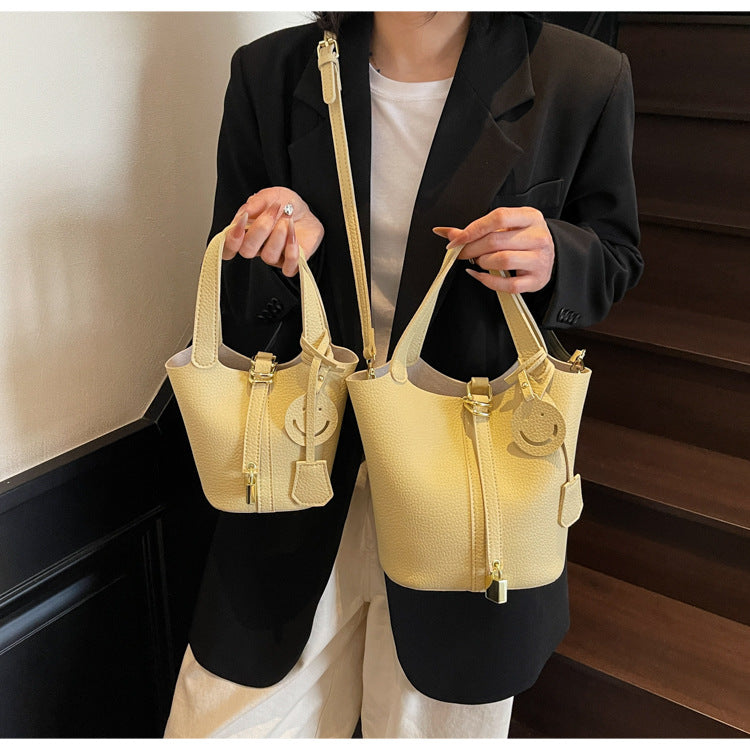 High-end Lychee Pattern Handheld Bucket Bag Fashionable Versatile Shoulder Bag Stylish Casual Crossbody Bag