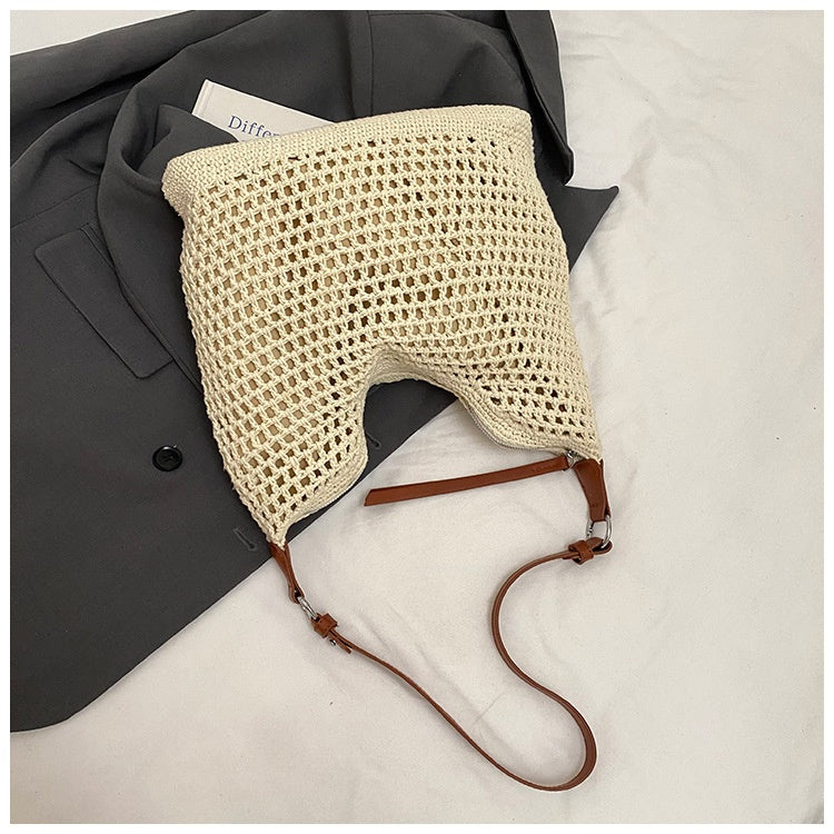 Large Capacity Cotton Thread Woven Underarm Bag Hollow Out Seaside Vacation Beach Travel Shoulder Bag