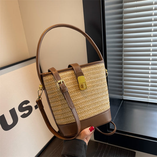 Fashion Handheld Woven Bag. High-Quality Textured Straw Bag, Single Shoulder Crossbody Bag, Casual Bucket Bag