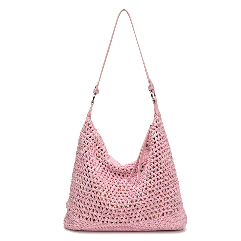 Large Capacity Cotton Thread Woven Underarm Bag Hollow Out Seaside Vacation Beach Travel Shoulder Bag