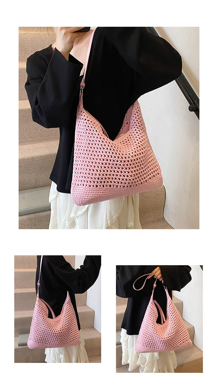 Large Capacity Cotton Thread Woven Underarm Bag Hollow Out Seaside Vacation Beach Travel Shoulder Bag