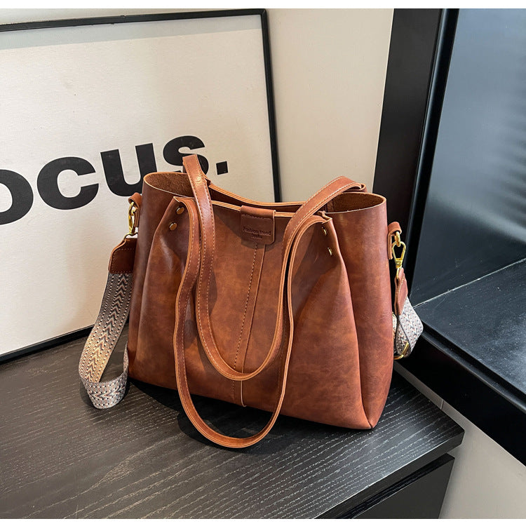 High-Quality Texture Solid Color Crossbody Bag Wide Strap Handbag Trendy Tote Bag