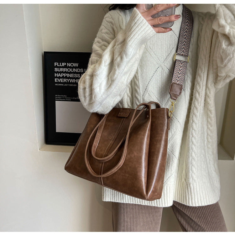 High-Quality Texture Solid Color Crossbody Bag Wide Strap Handbag Trendy Tote Bag