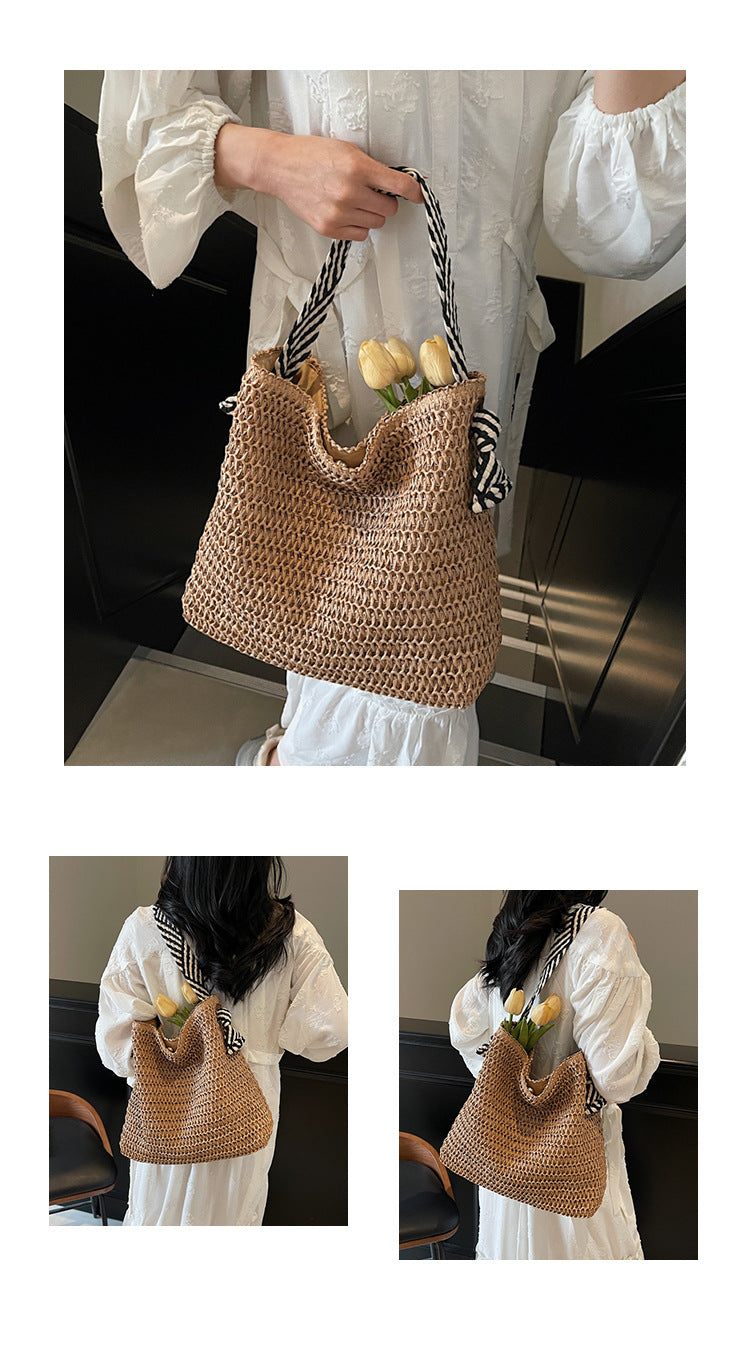 New Trendy Woven Shoulder Tote Bag Beach Vacation Beach Bag
