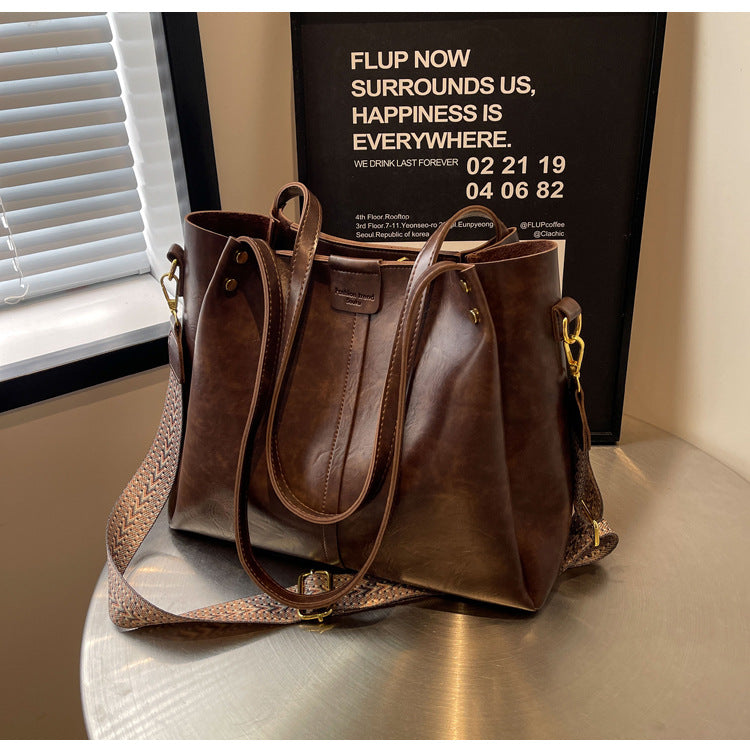 High-Quality Texture Solid Color Crossbody Bag Wide Strap Handbag Trendy Tote Bag