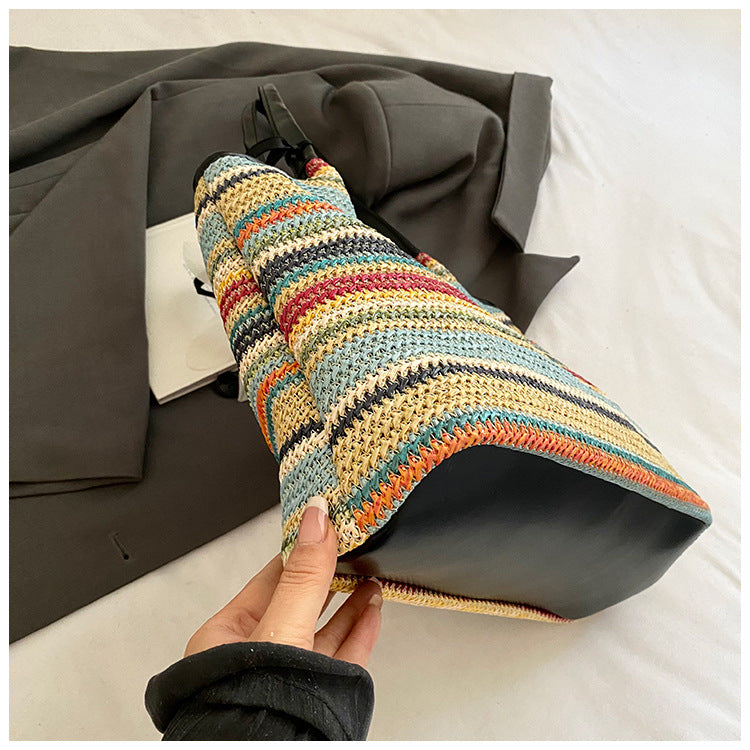 Spliced Large Capacity Straw Tote Bag. Beach Vacation Beach Woven Commuter Shoulder Bag