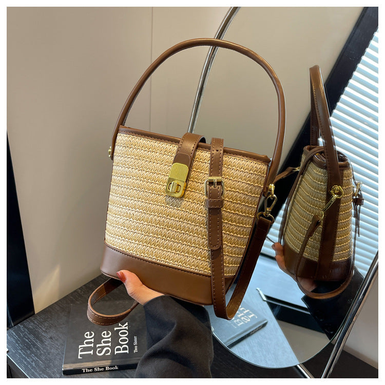 Fashion Handheld Woven Bag. High-Quality Textured Straw Bag, Single Shoulder Crossbody Bag, Casual Bucket Bag