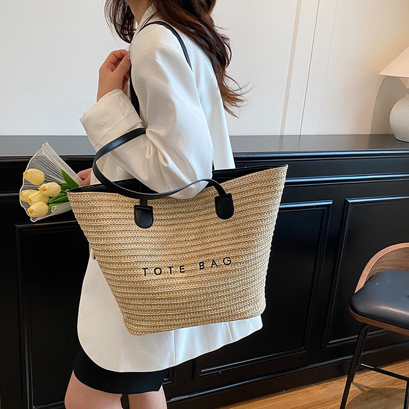 New Trendy Straw Tote Bag Fashion Letter Woven Shoulder Bag Beach Vacation Beach Bag