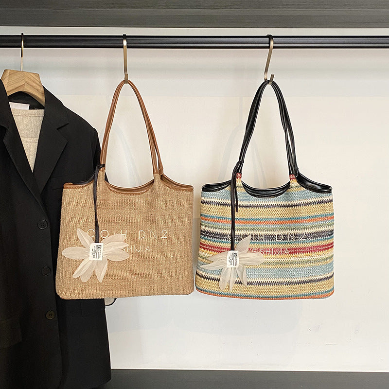 Spliced Large Capacity Straw Tote Bag. Beach Vacation Beach Woven Commuter Shoulder Bag