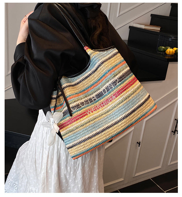 Spliced Large Capacity Straw Tote Bag. Beach Vacation Beach Woven Commuter Shoulder Bag