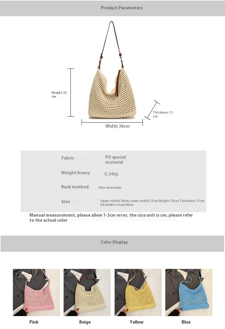 Large Capacity Cotton Thread Woven Underarm Bag Hollow Out Seaside Vacation Beach Travel Shoulder Bag