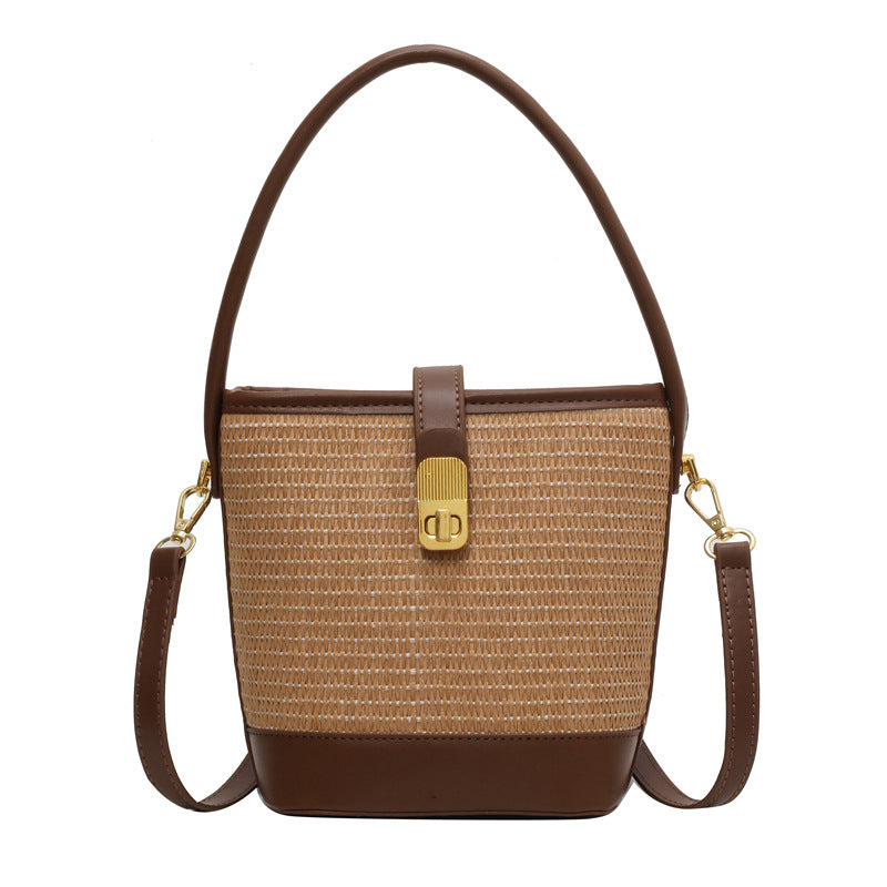 Fashion Handheld Woven Bag. High-Quality Textured Straw Bag, Single Shoulder Crossbody Bag, Casual Bucket Bag