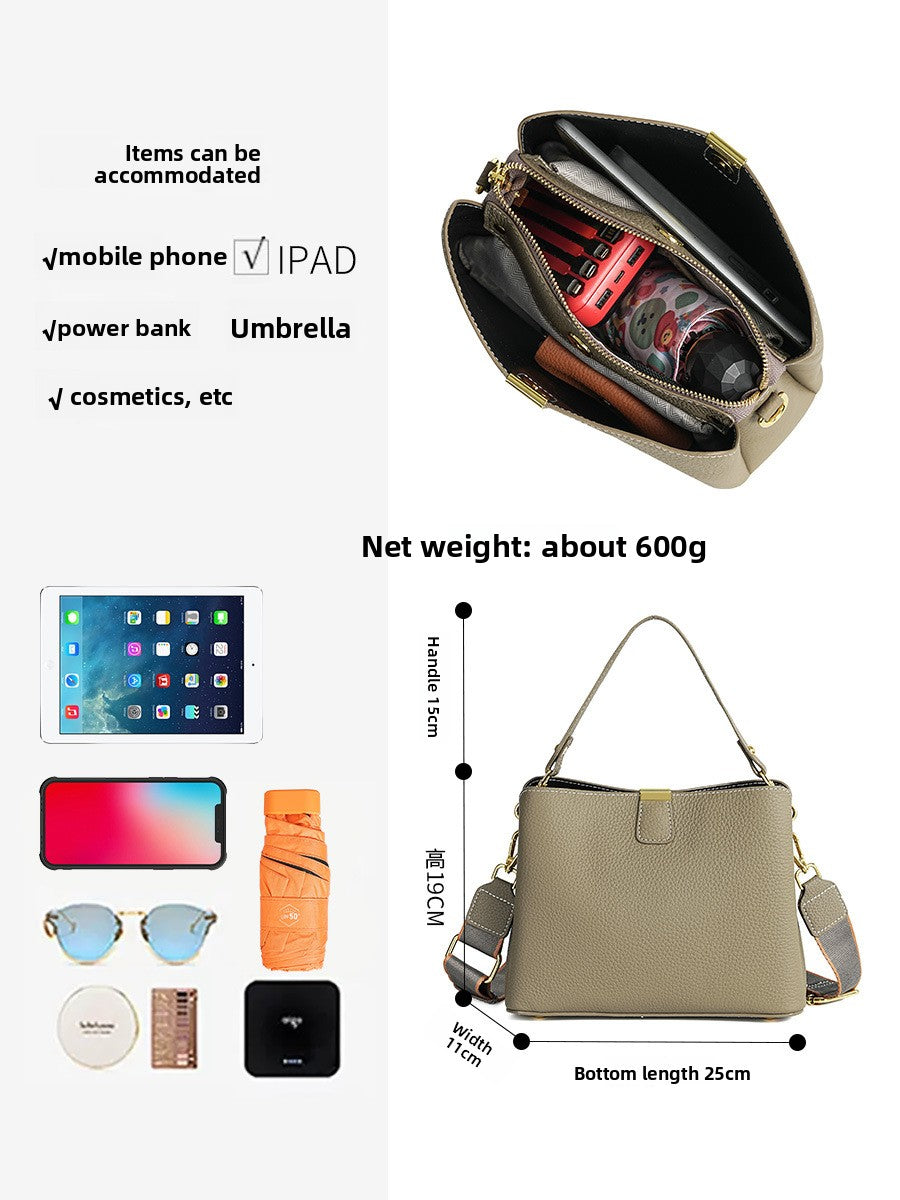 Fashionable Cowhide Leather Women's Large-Capacity Bucket BagVersatile Commuting Genuine Leather Crossbody/Shoulder/Handbag