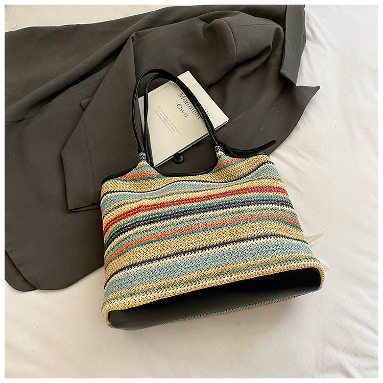 Spliced Large Capacity Straw Tote Bag. Beach Vacation Beach Woven Commuter Shoulder Bag