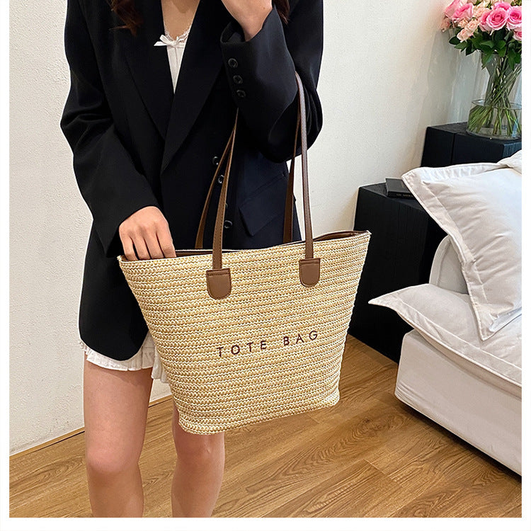 New Trendy Straw Tote Bag Fashion Letter Woven Shoulder Bag Beach Vacation Beach Bag