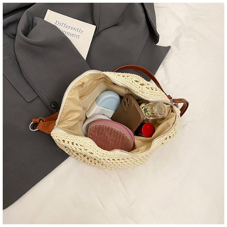 Large Capacity Cotton Thread Woven Underarm Bag Hollow Out Seaside Vacation Beach Travel Shoulder Bag
