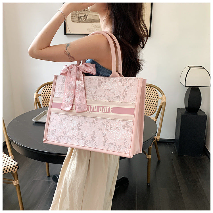 Large Capacity Embroidered Tote Bag Advanced Texture Niche Commuter Hand-Carrying Bag Shoulder Messenger Bag Casual Big Bag