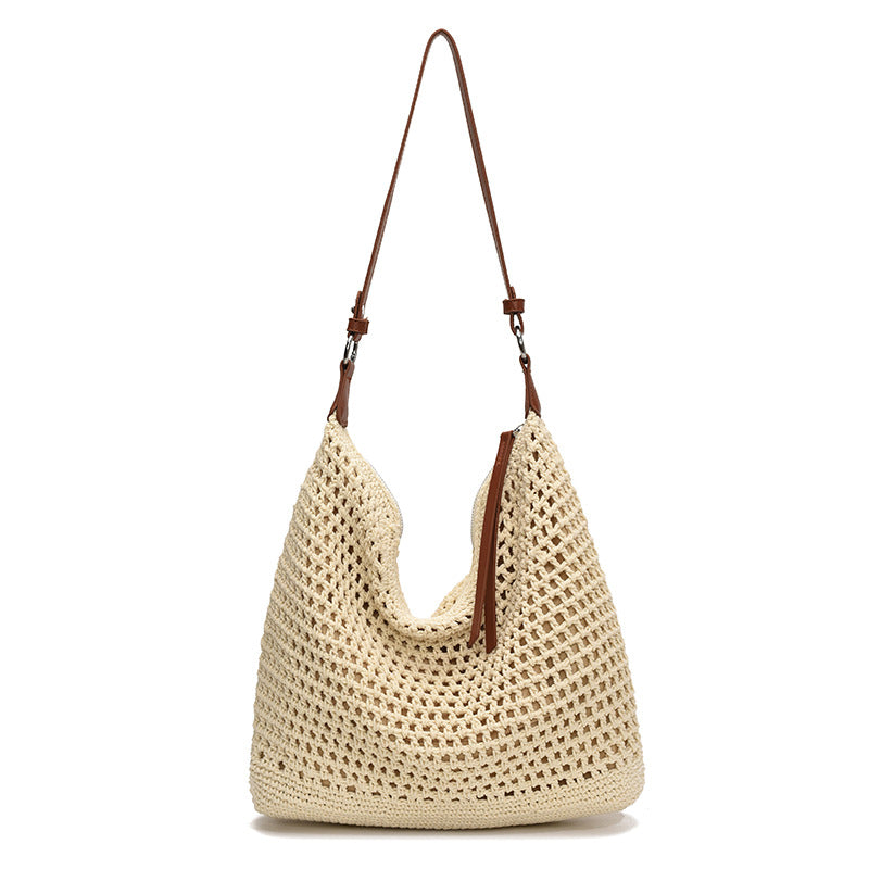 Large Capacity Cotton Thread Woven Underarm Bag Hollow Out Seaside Vacation Beach Travel Shoulder Bag