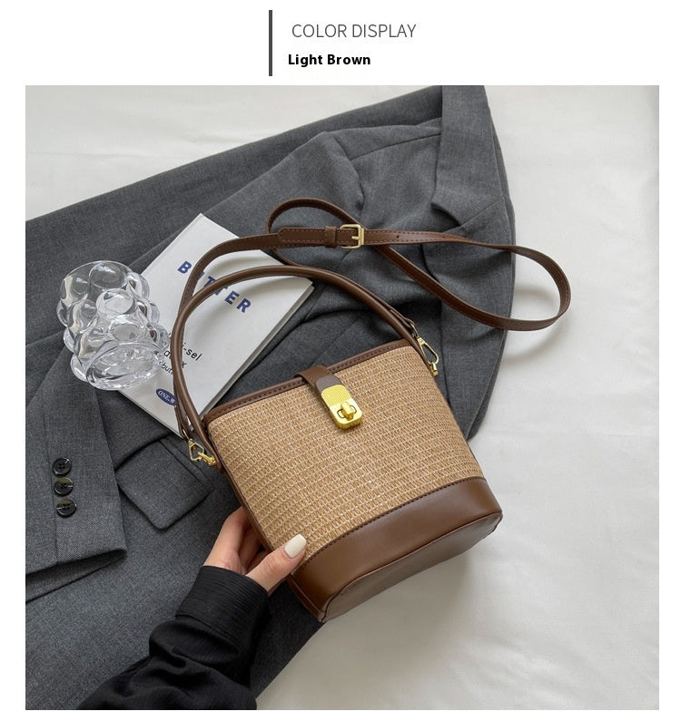 Fashion Handheld Woven Bag. High-Quality Textured Straw Bag, Single Shoulder Crossbody Bag, Casual Bucket Bag