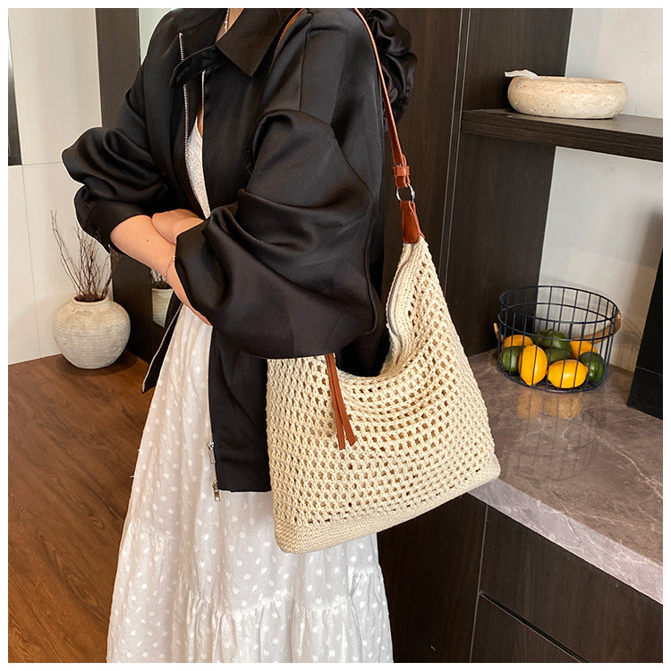 Large Capacity Cotton Thread Woven Underarm Bag Hollow Out Seaside Vacation Beach Travel Shoulder Bag