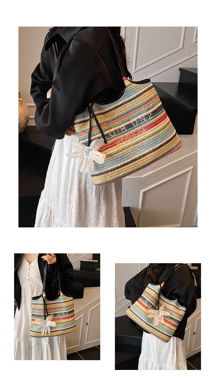 Spliced Large Capacity Straw Tote Bag. Beach Vacation Beach Woven Commuter Shoulder Bag