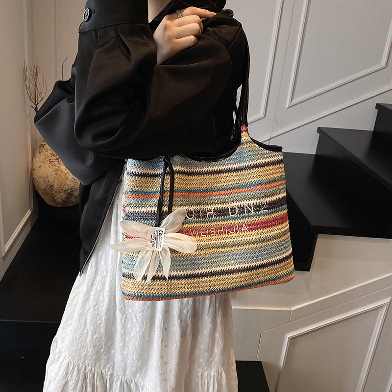 Spliced Large Capacity Straw Tote Bag. Beach Vacation Beach Woven Commuter Shoulder Bag