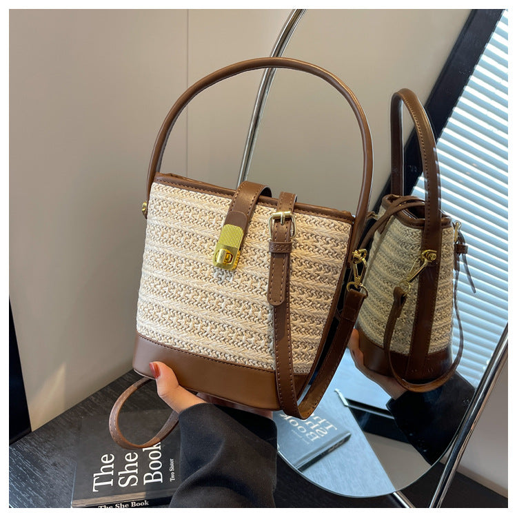 Fashion Handheld Woven Bag. High-Quality Textured Straw Bag, Single Shoulder Crossbody Bag, Casual Bucket Bag