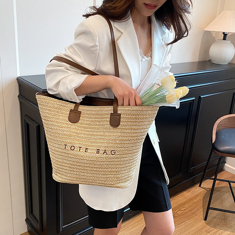 New Trendy Straw Tote Bag Fashion Letter Woven Shoulder Bag Beach Vacation Beach Bag