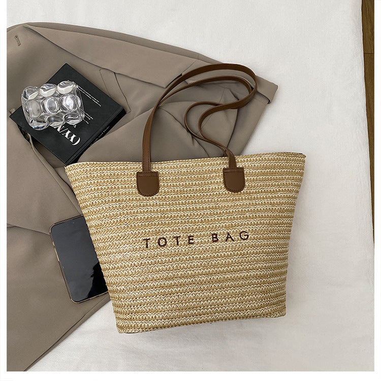 New Trendy Straw Tote Bag Fashion Letter Woven Shoulder Bag Beach Vacation Beach Bag