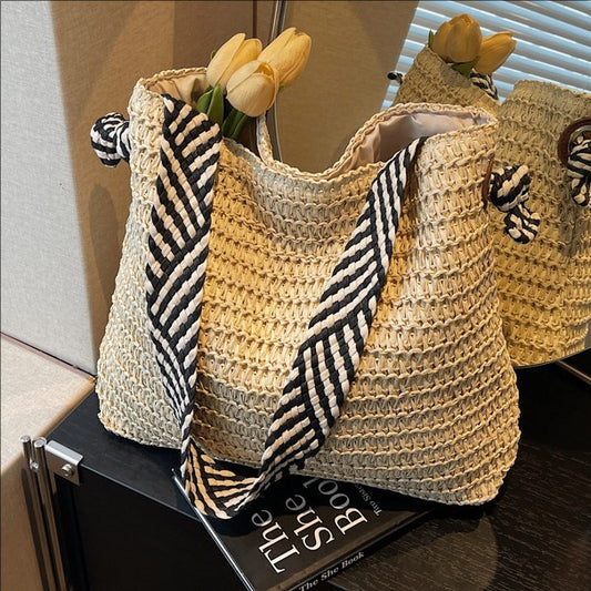 New Trendy Woven Shoulder Tote Bag Beach Vacation Beach Bag