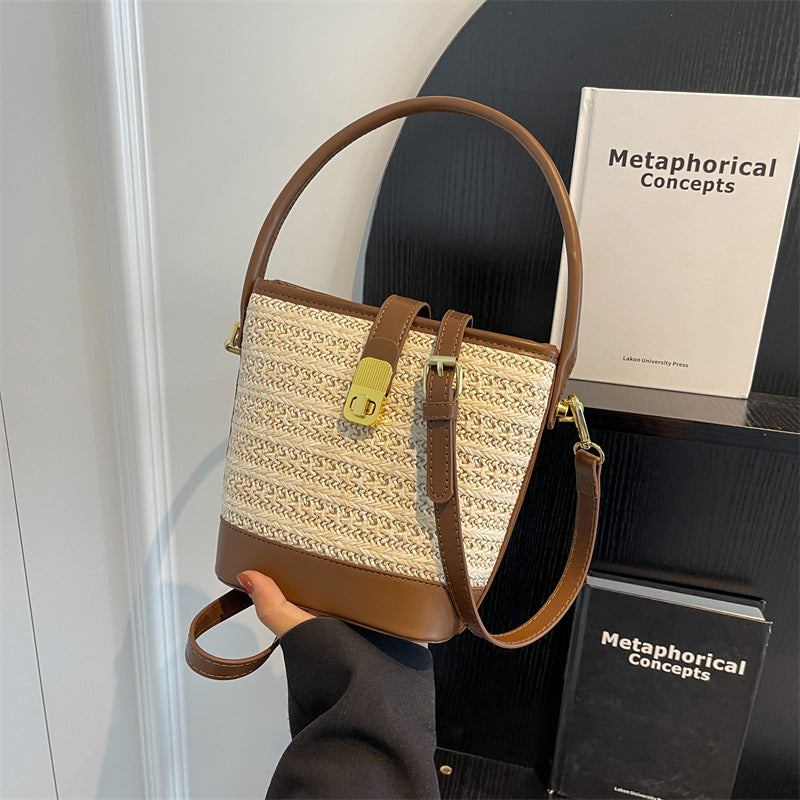 Fashion Handheld Woven Bag. High-Quality Textured Straw Bag, Single Shoulder Crossbody Bag, Casual Bucket Bag