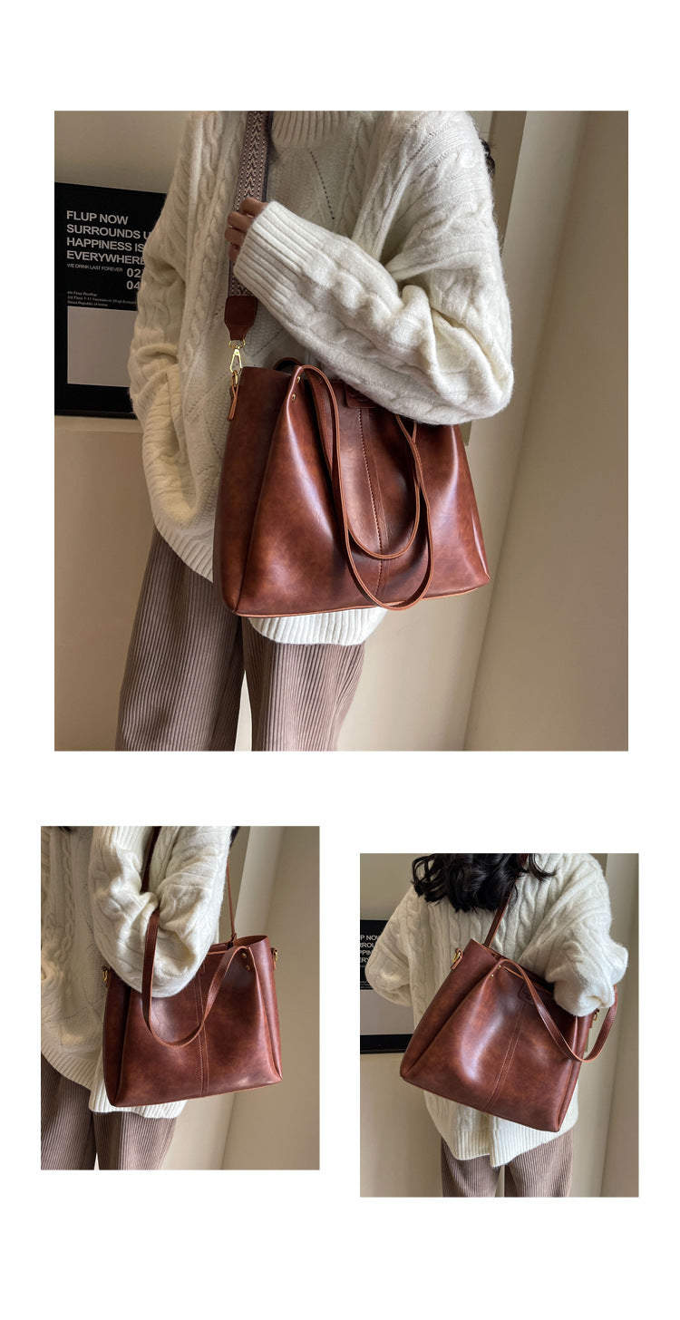 High-Quality Texture Solid Color Crossbody Bag Wide Strap Handbag Trendy Tote Bag