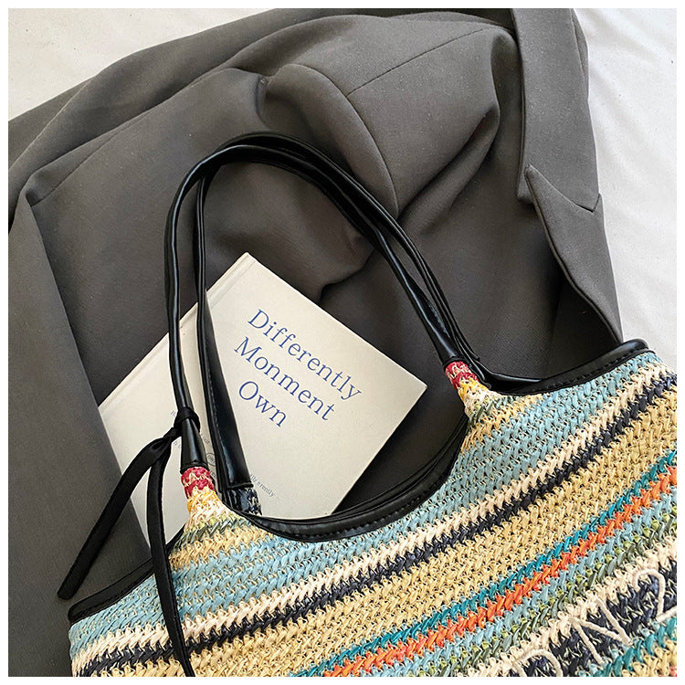 Spliced Large Capacity Straw Tote Bag. Beach Vacation Beach Woven Commuter Shoulder Bag
