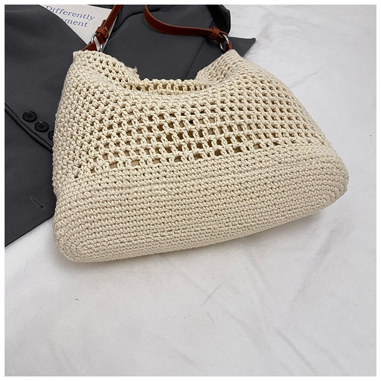 Large Capacity Cotton Thread Woven Underarm Bag Hollow Out Seaside Vacation Beach Travel Shoulder Bag