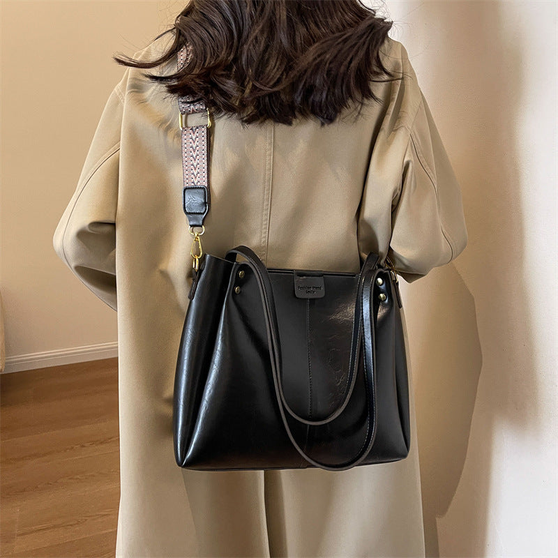 High-Quality Texture Solid Color Crossbody Bag Wide Strap Handbag Trendy Tote Bag