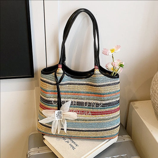 Spliced Large Capacity Straw Tote Bag. Beach Vacation Beach Woven Commuter Shoulder Bag