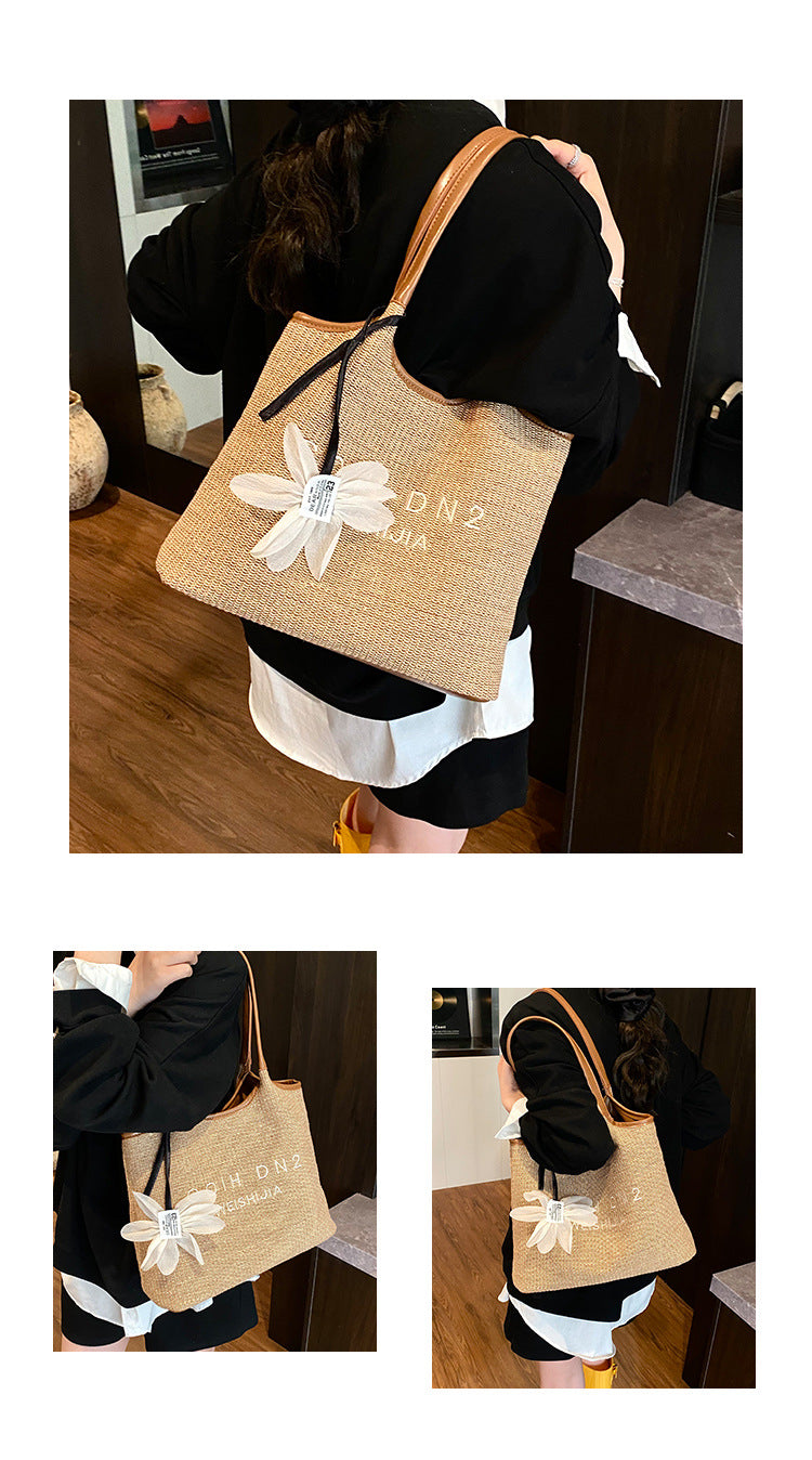 Spliced Large Capacity Straw Tote Bag. Beach Vacation Beach Woven Commuter Shoulder Bag