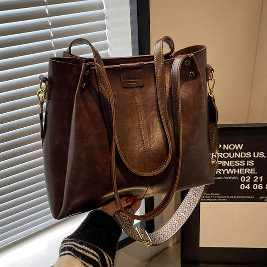 High-Quality Texture Solid Color Crossbody Bag Wide Strap Handbag Trendy Tote Bag