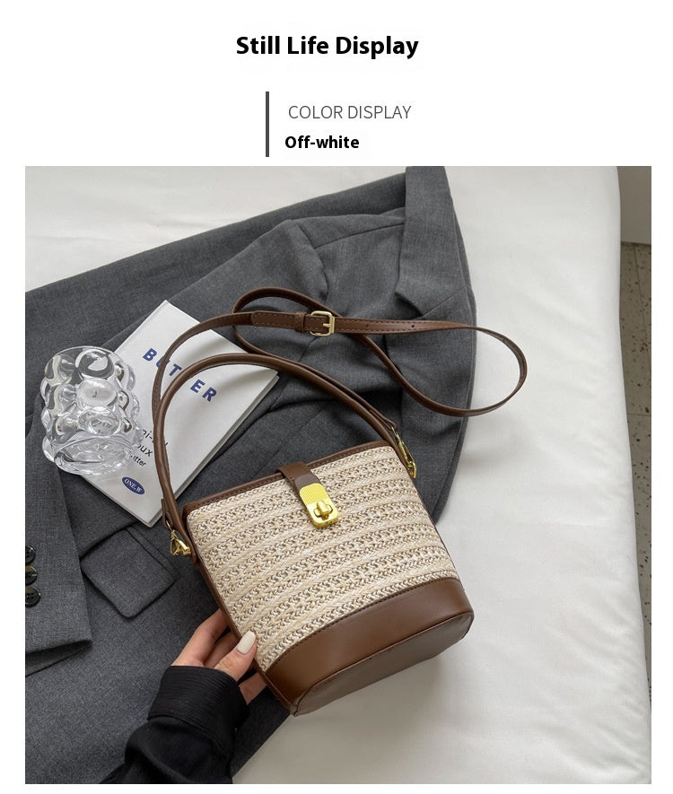 Fashion Handheld Woven Bag. High-Quality Textured Straw Bag, Single Shoulder Crossbody Bag, Casual Bucket Bag