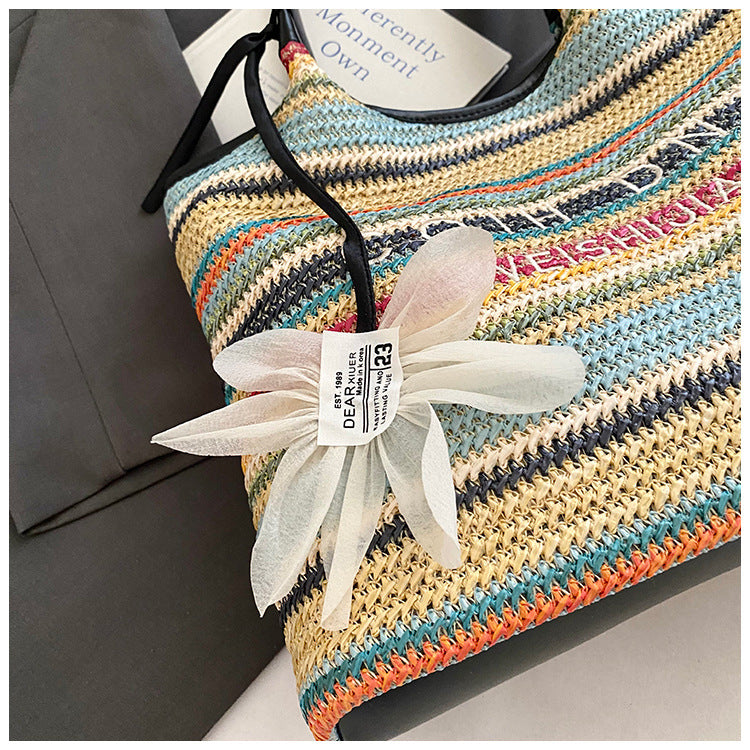 Spliced Large Capacity Straw Tote Bag. Beach Vacation Beach Woven Commuter Shoulder Bag