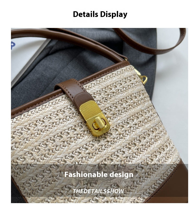 Fashion Handheld Woven Bag. High-Quality Textured Straw Bag, Single Shoulder Crossbody Bag, Casual Bucket Bag